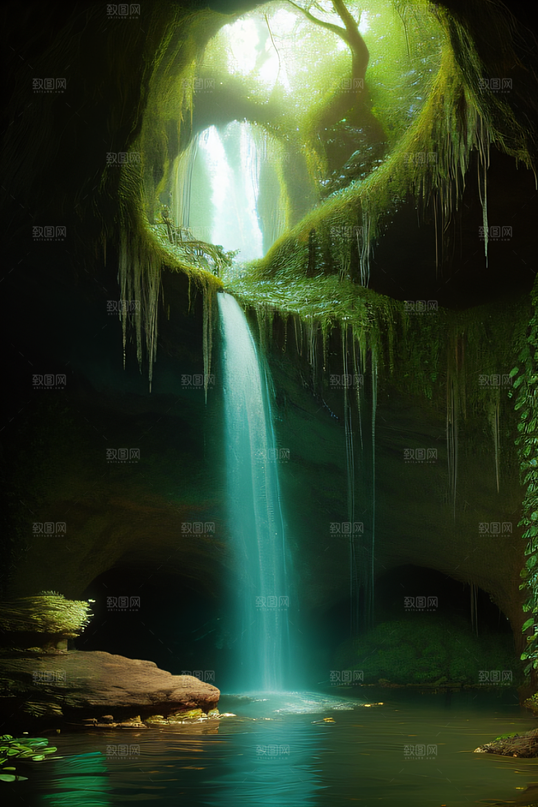 奇幻藤洞常绿藤蔓与流水的神秘景观