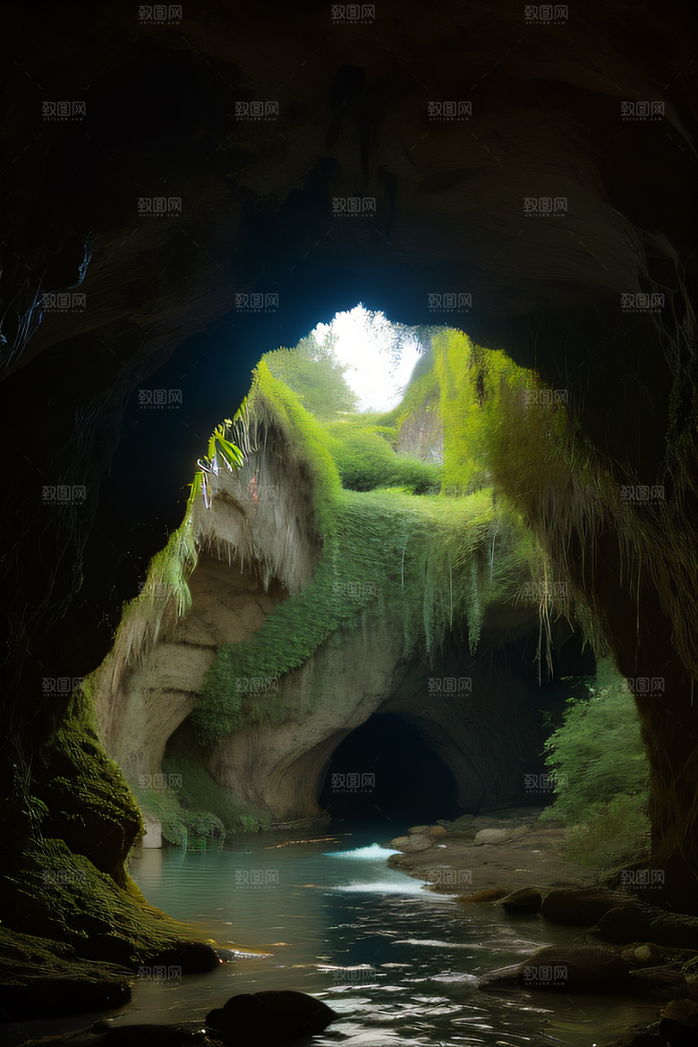 奇幻藤洞常绿藤蔓与流水的神秘景观