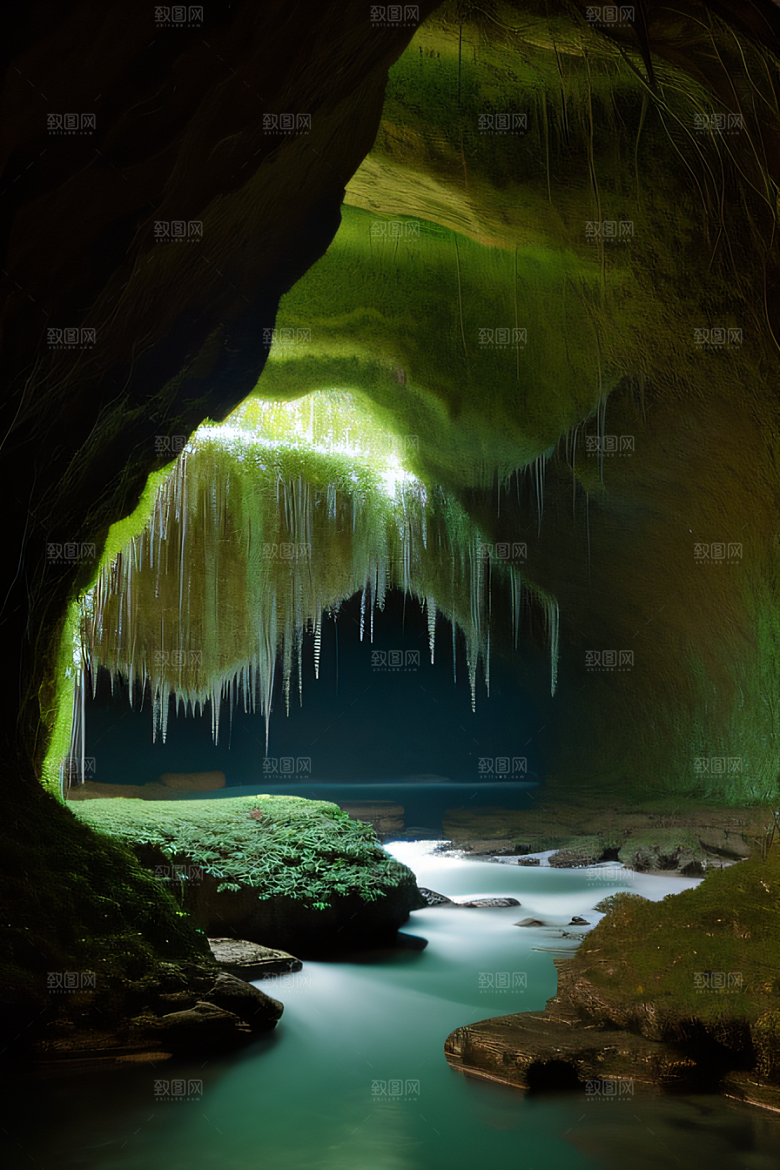 奇幻藤洞常绿藤蔓与流水的神秘景观