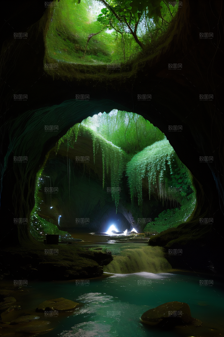 奇幻藤洞常绿藤蔓与流水的神秘景观