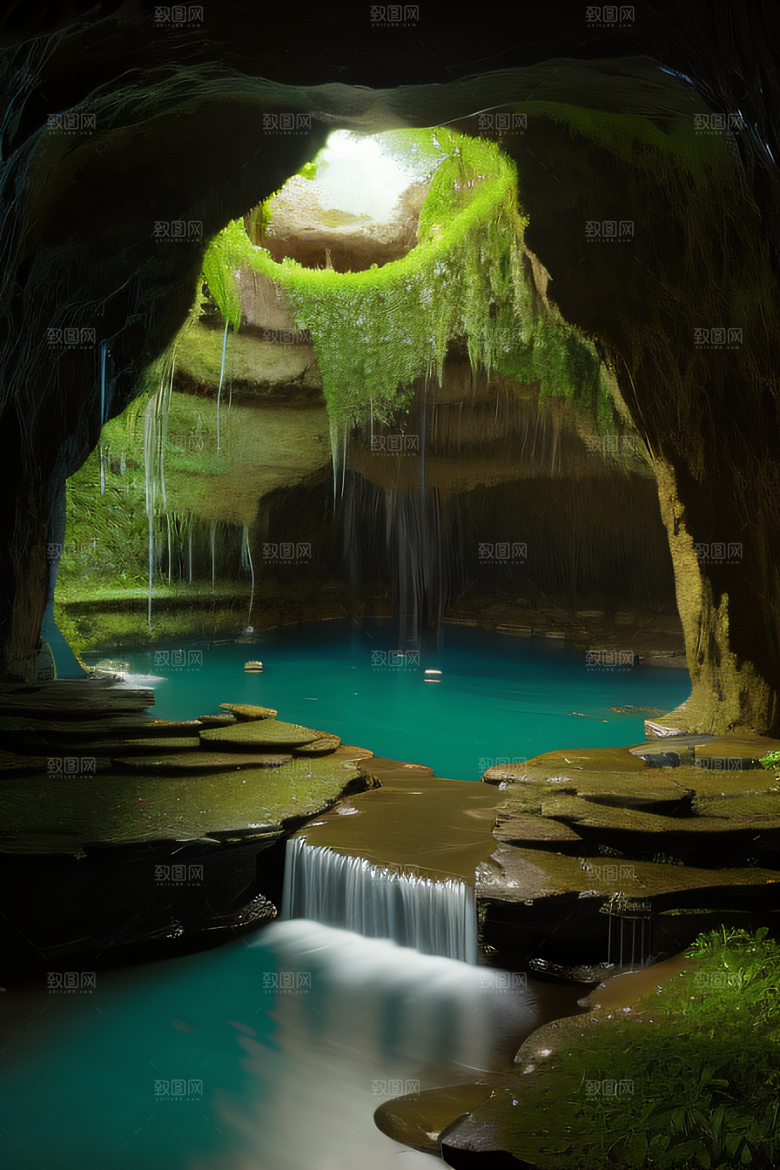 奇幻藤洞常绿藤蔓与流水的神秘景观