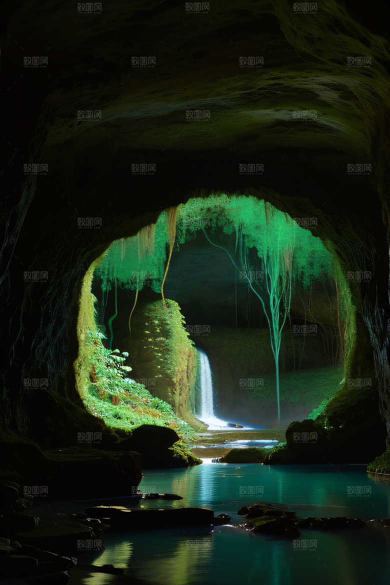 奇幻藤洞常绿藤蔓与流水的神秘景观