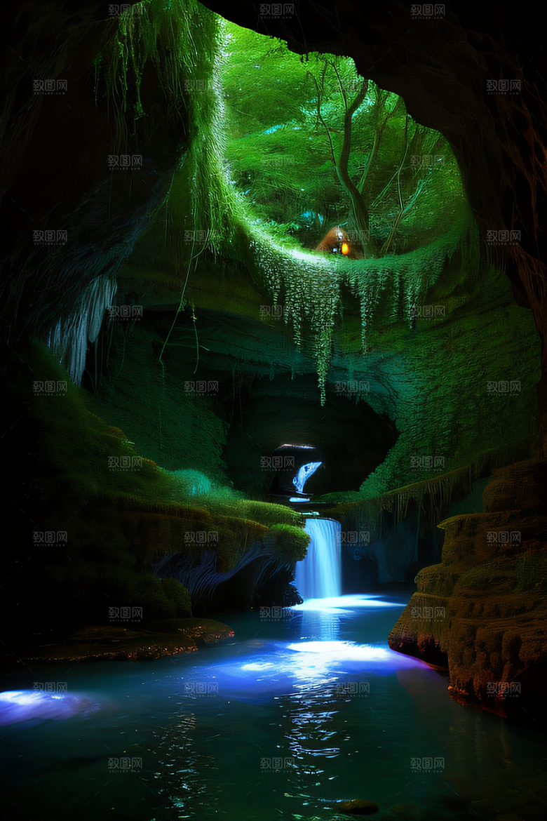 奇幻藤洞常绿藤蔓与流水的神秘景观