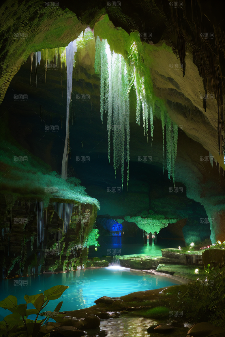 奇幻藤洞常绿藤蔓与流水的神秘景观