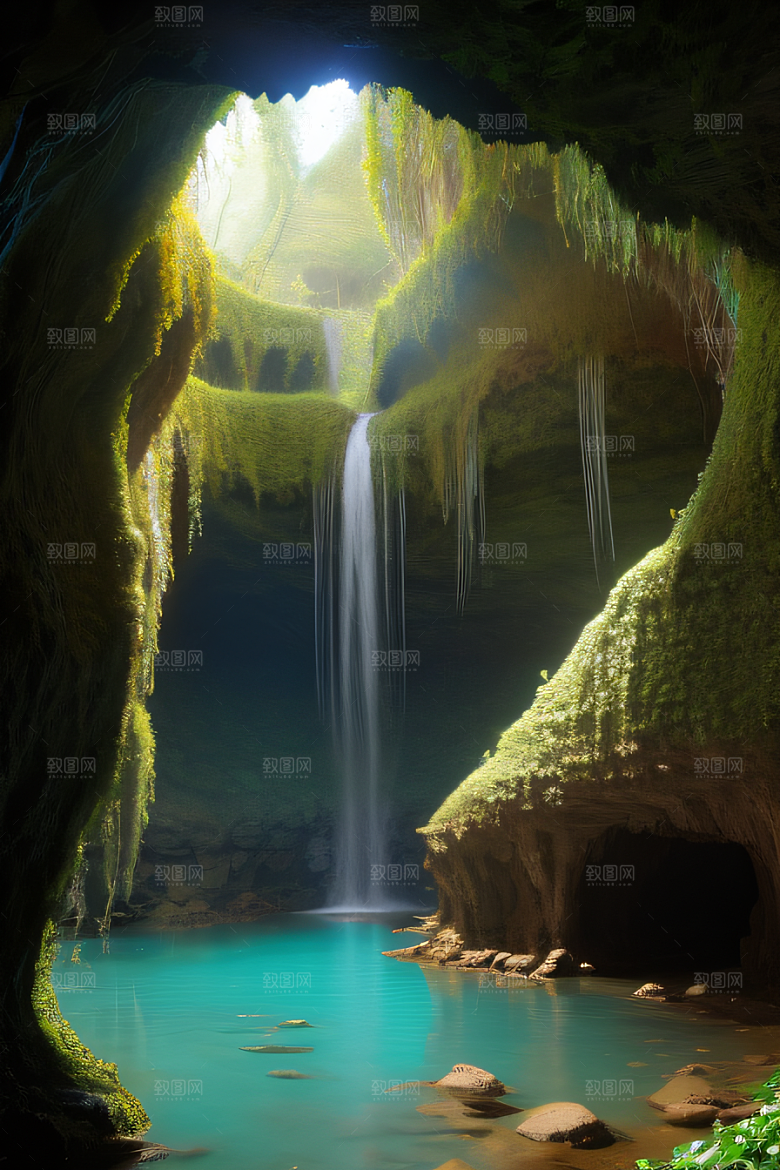 奇幻藤洞常绿藤蔓与流水的神秘景观