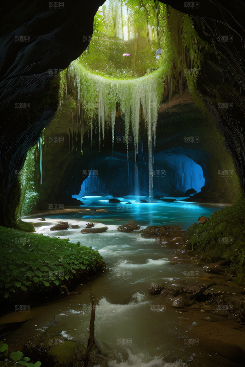 魔幻之洞常青藤与流水的奇幻场景