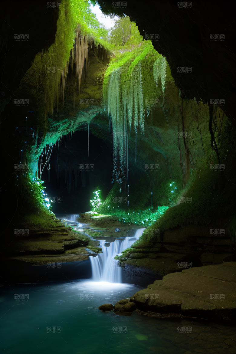 魔幻之洞常青藤与流水的奇幻场景