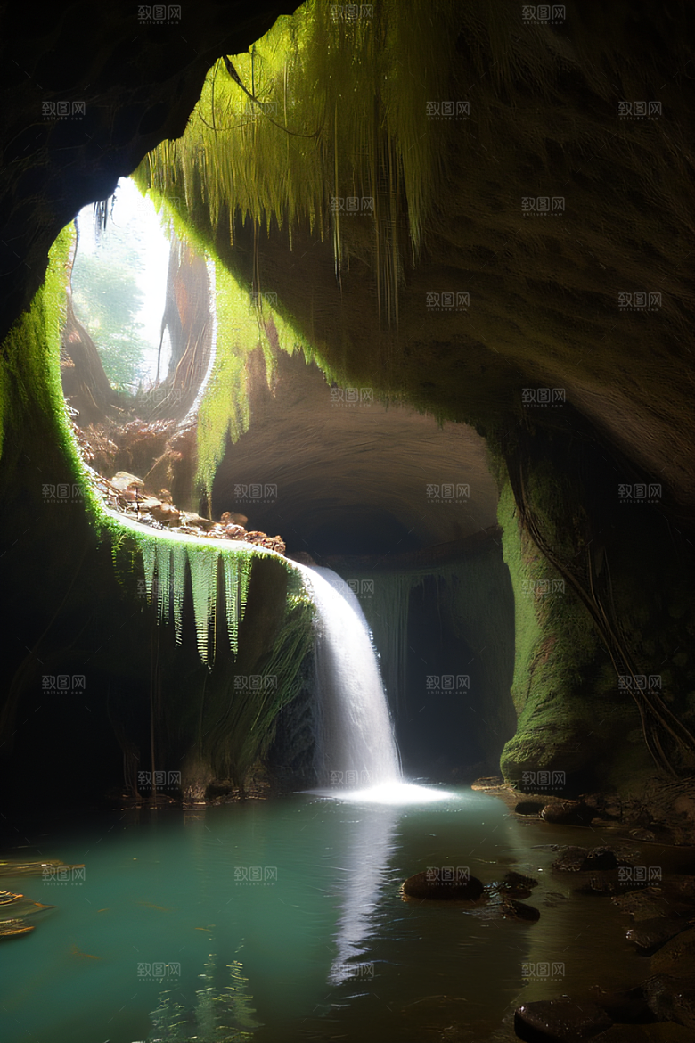 魔幻之洞常青藤与流水的奇幻场景