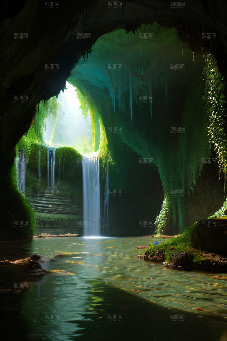 魔幻之洞常青藤与流水的奇幻场景