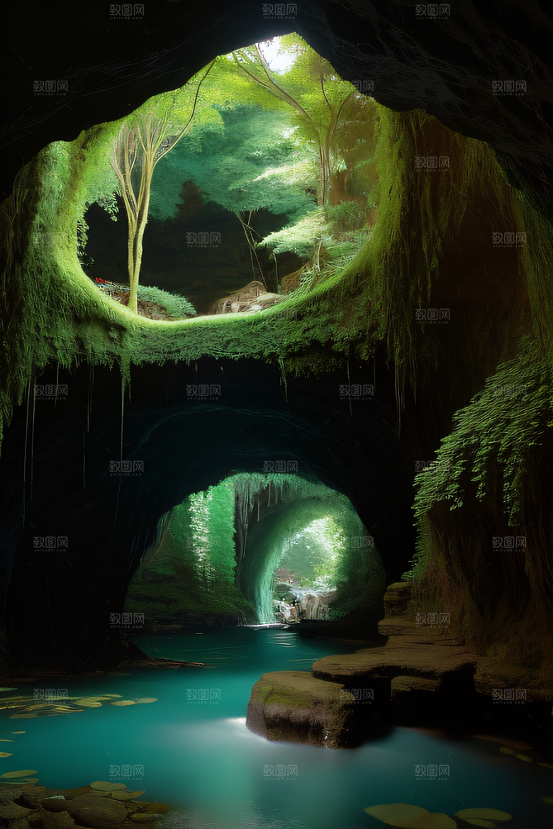 魔幻之洞常青藤与流水的奇幻场景