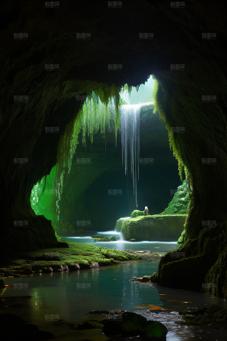 魔幻之洞常青藤与流水的奇幻场景