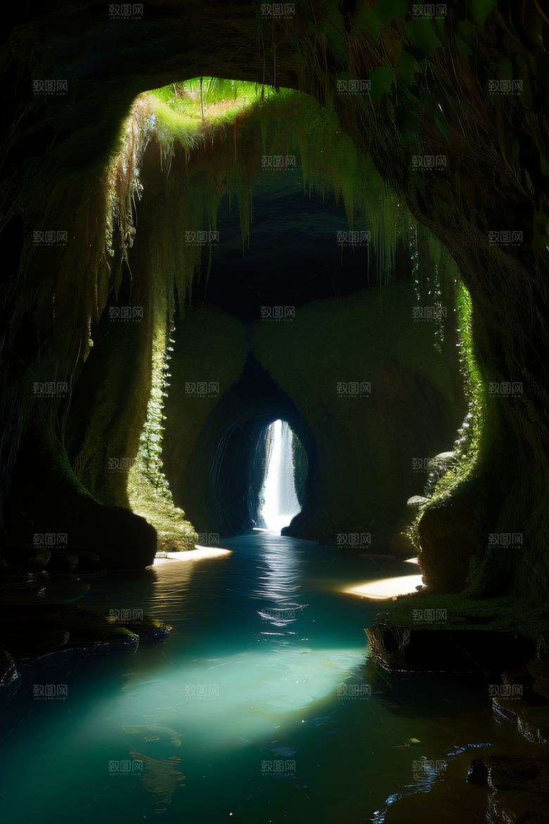 魔幻之洞常青藤与流水的奇幻场景