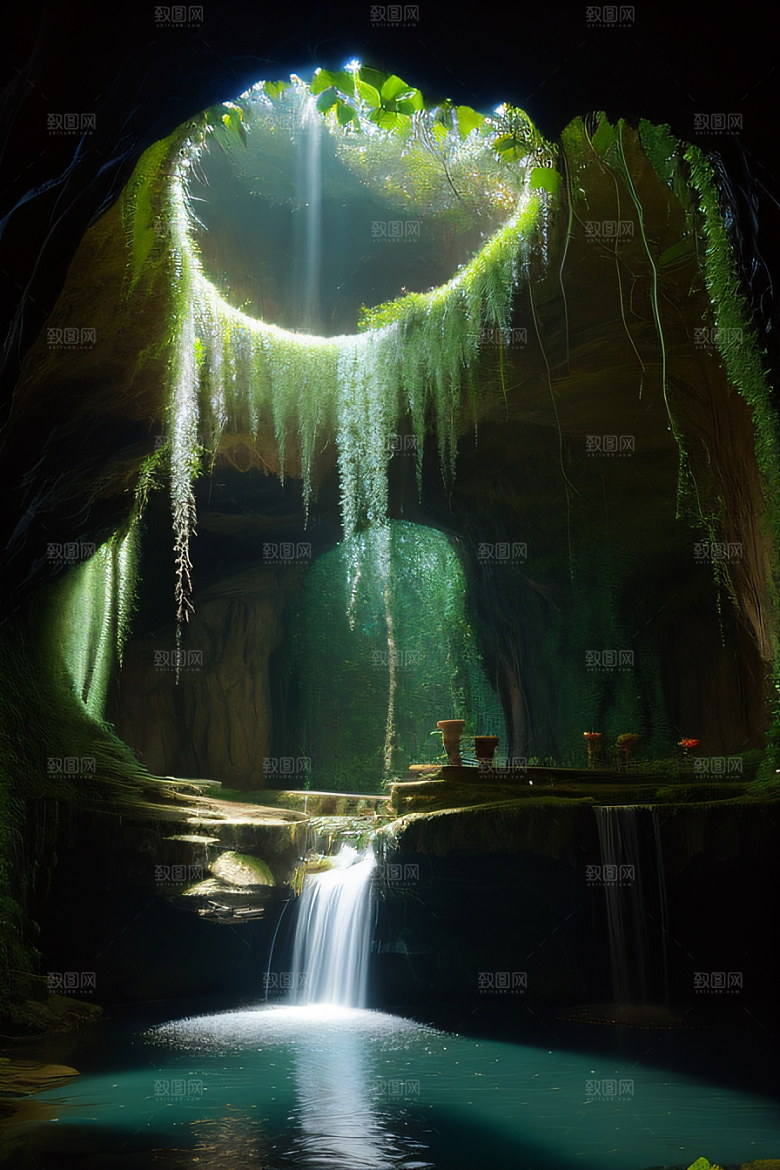 魔幻之洞常青藤与流水的奇幻场景