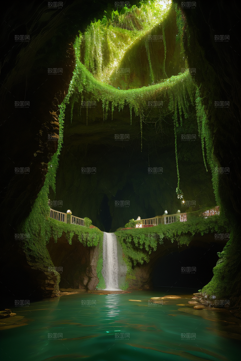 魔幻之洞常青藤与流水的奇幻场景