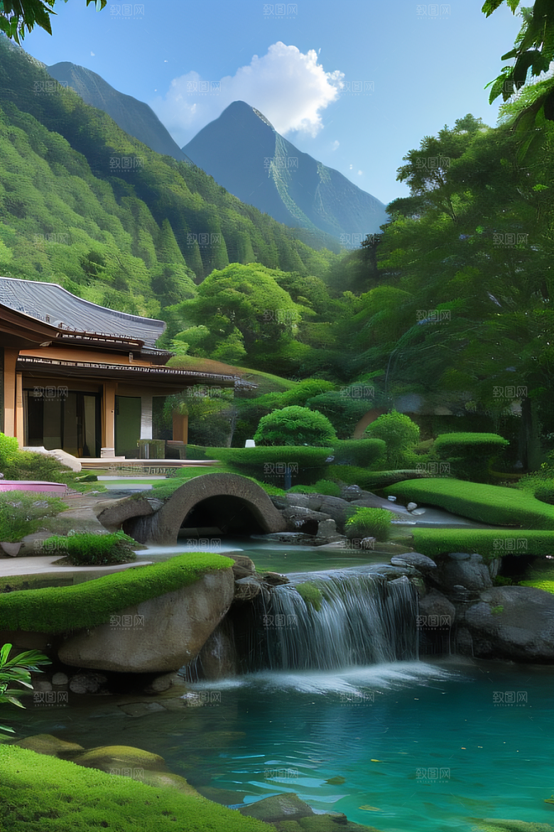山脉倒映别墅与壮丽山峦的和谐