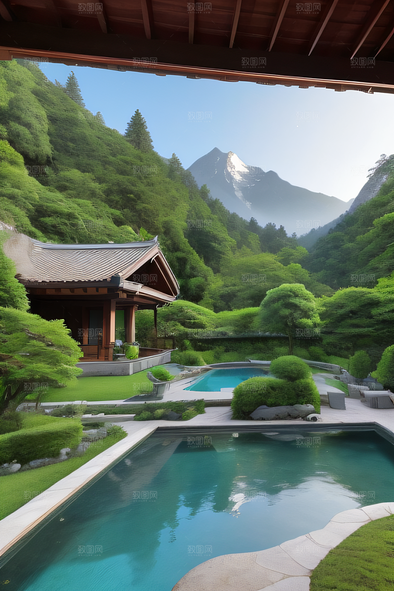 山脉倒映别墅与壮丽山峦的和谐