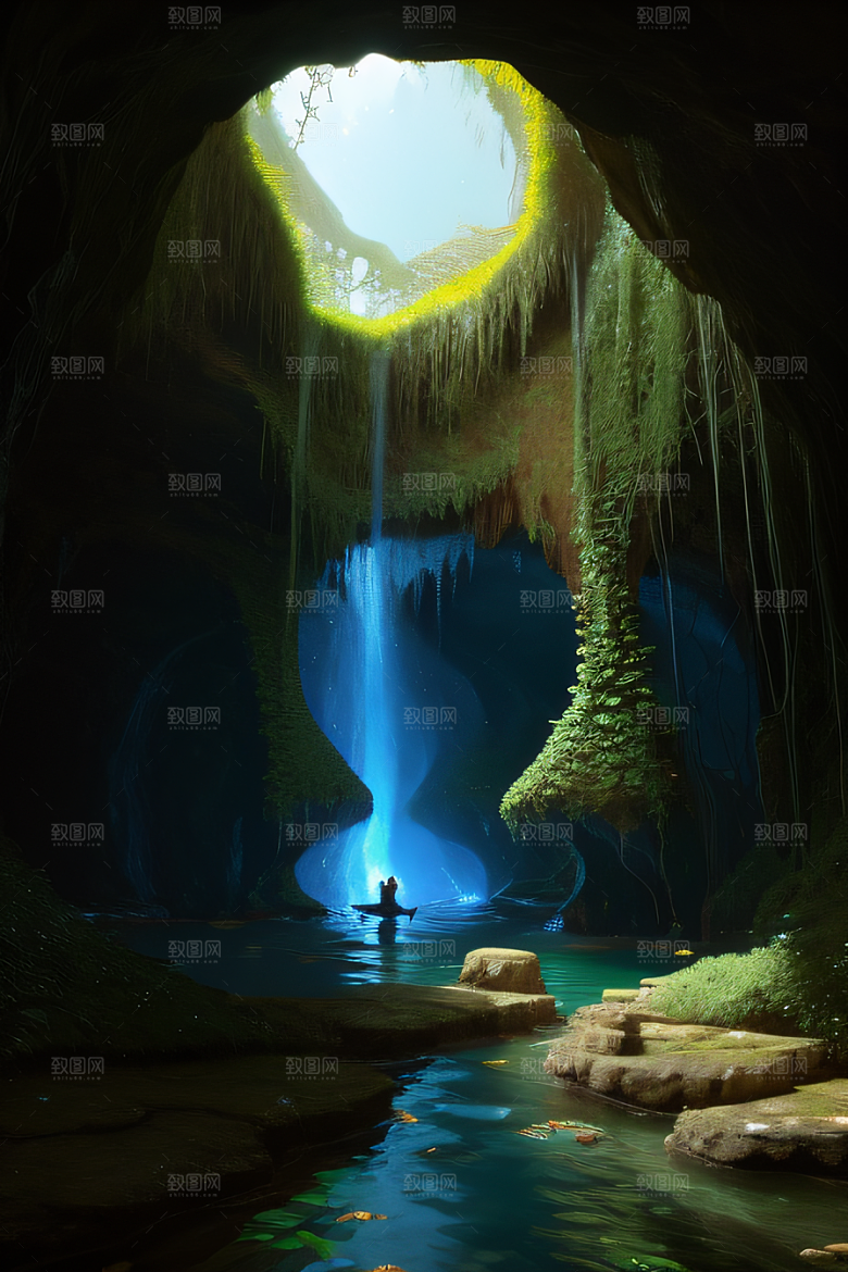魔幻之洞常青藤与流水的奇幻场景