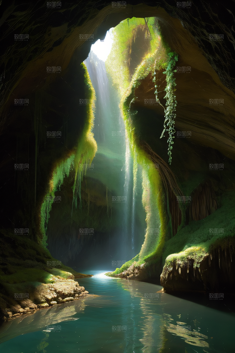 魔幻之洞常青藤与流水的奇幻场景