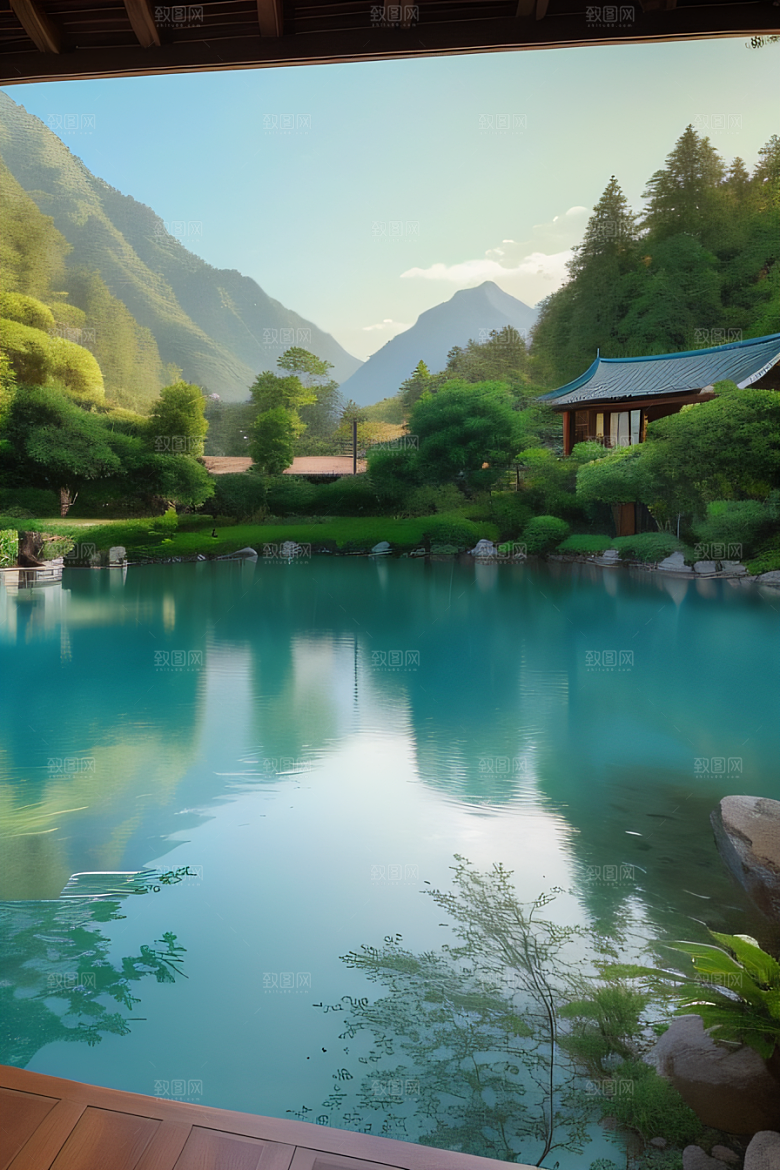 山脉倒映别墅与壮丽山峦的和谐