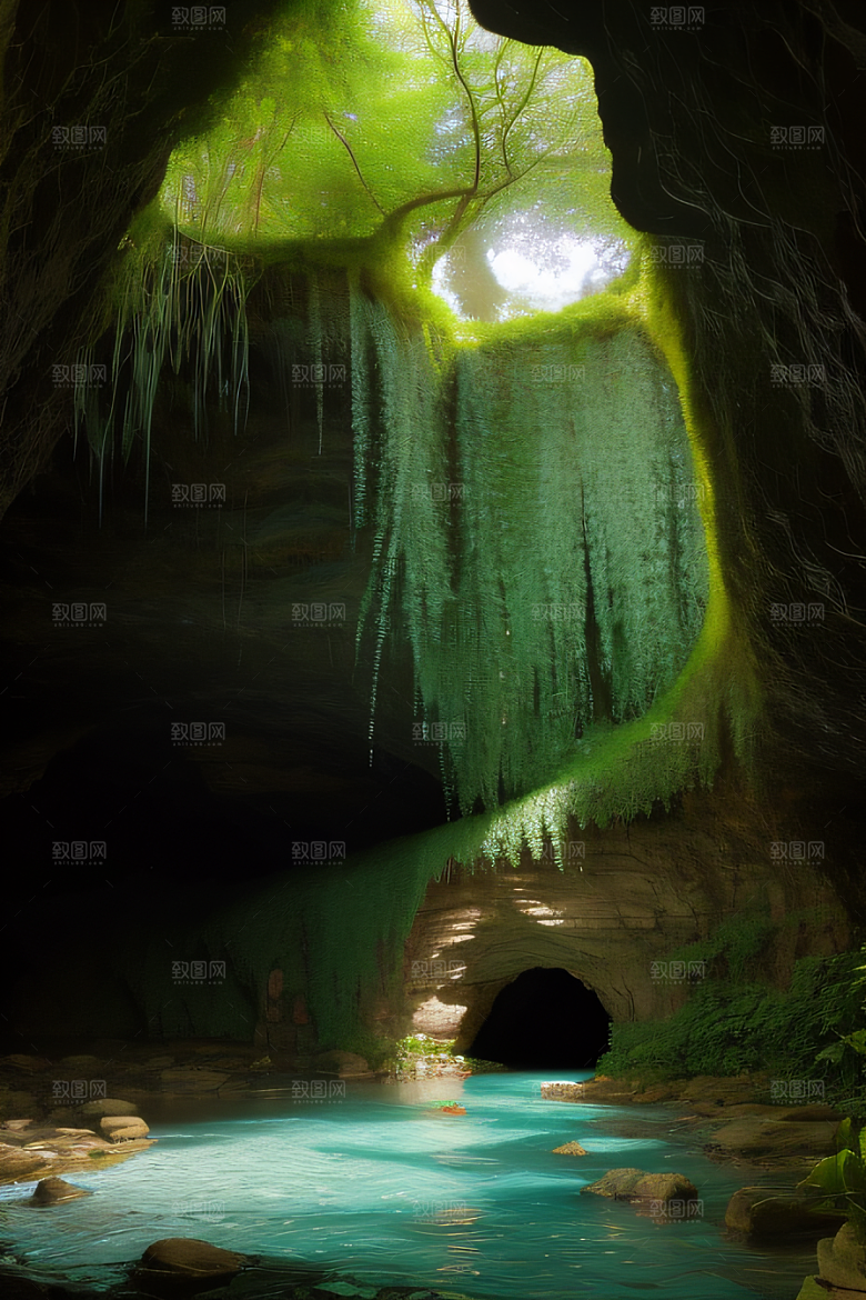 魔幻之洞常青藤与流水的奇幻场景