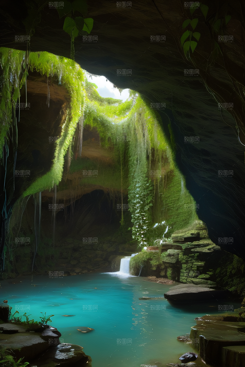魔幻之洞常青藤与流水的奇幻场景