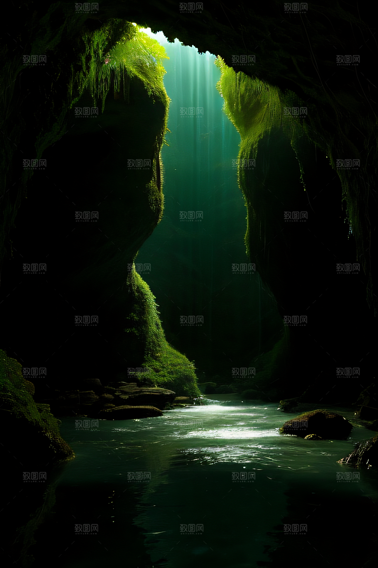 魔幻之洞常青藤与流水的奇幻场景