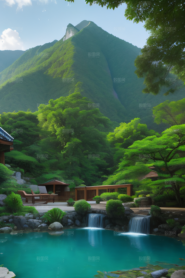 山脉倒映别墅与壮丽山峦的和谐