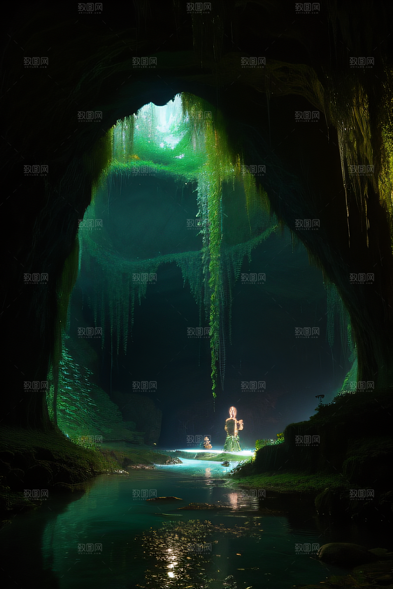 魔幻之洞常青藤与流水的奇幻场景