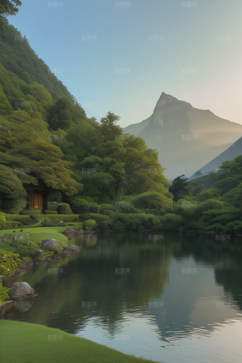 山脉倒映别墅与壮丽山峦的和谐