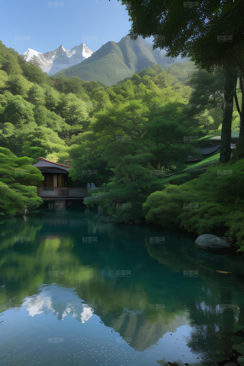 山脉倒映别墅与壮丽山峦的和谐
