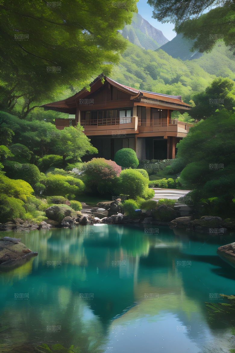 山脉倒映别墅与壮丽山峦的和谐