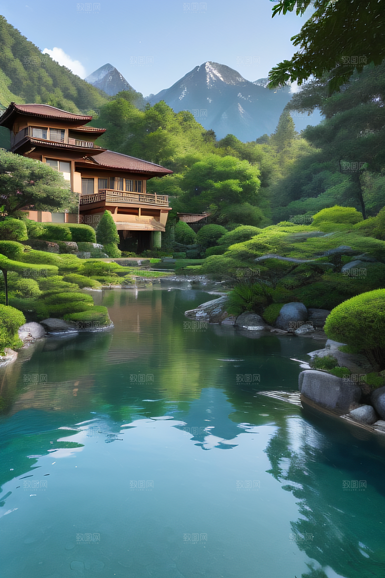 山脉倒映别墅与壮丽山峦的和谐