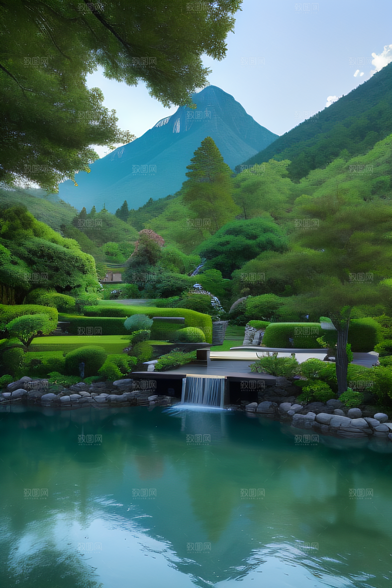 山脉倒映别墅与壮丽山峦的和谐