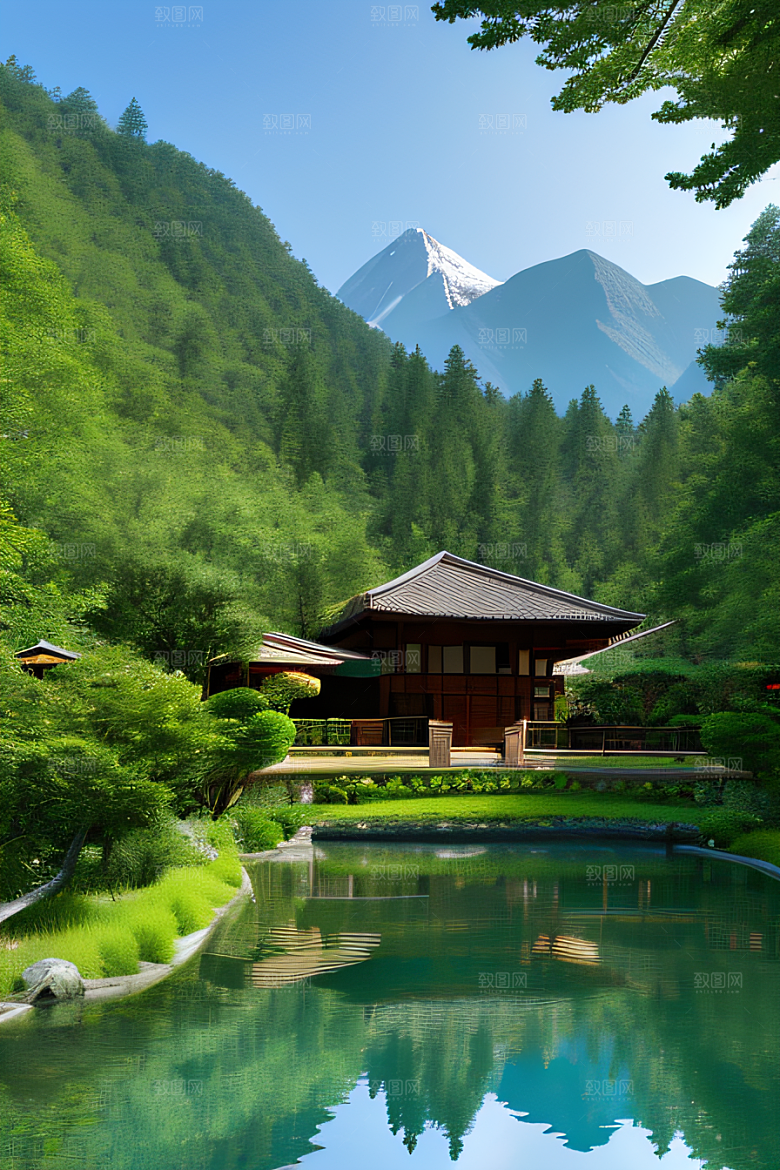 山峦倒映宛如画中的别墅与壮丽山脉