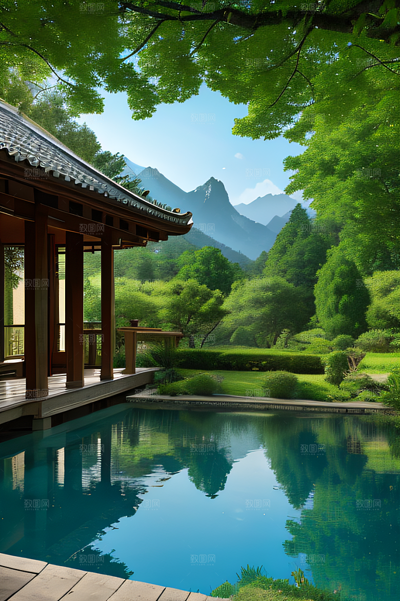 山峦倒映宛如画中的别墅与壮丽山脉