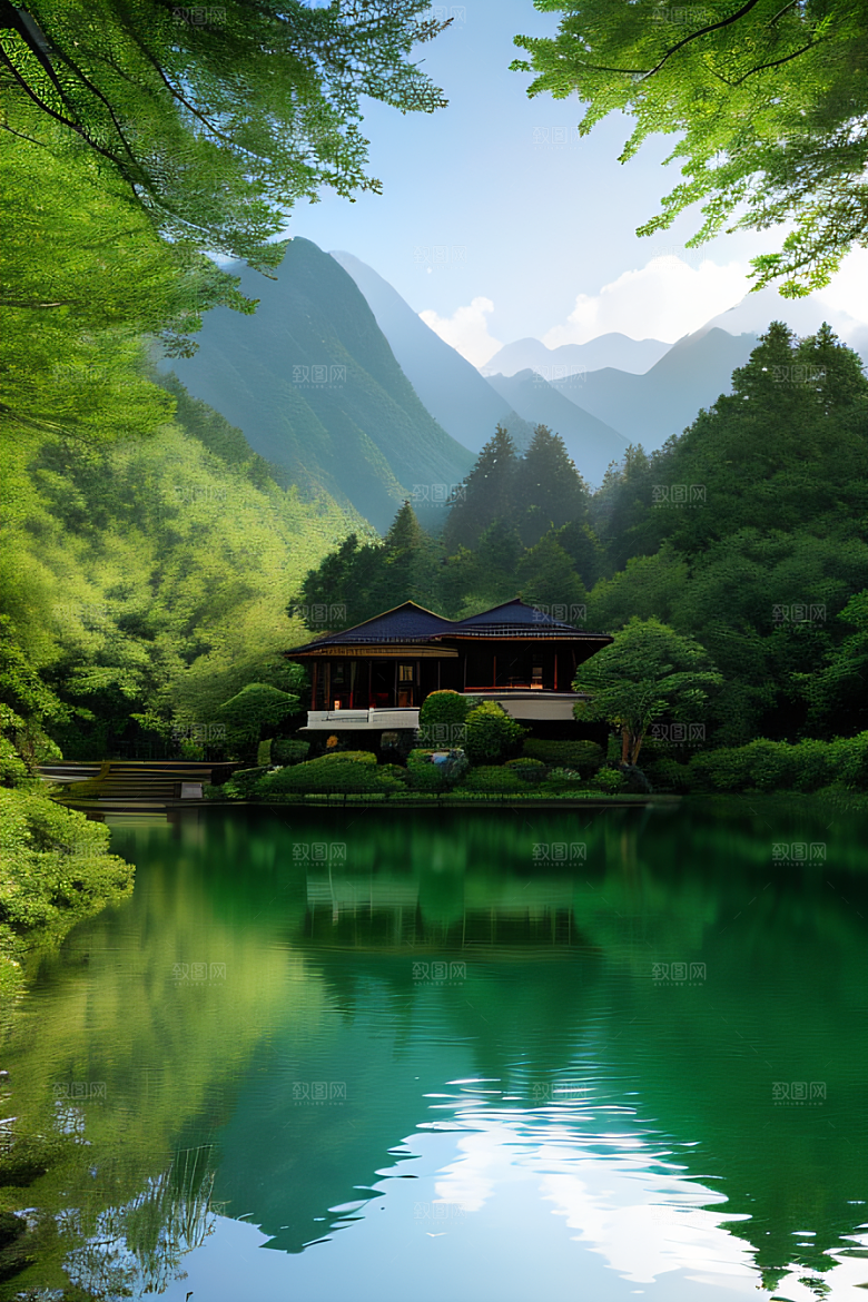 山峦倒映宛如画中的别墅与壮丽山脉