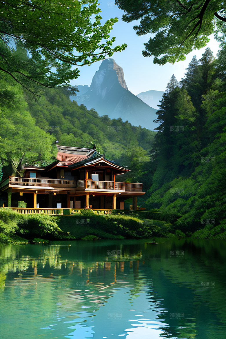 山峦倒映宛如画中的别墅与壮丽山脉
