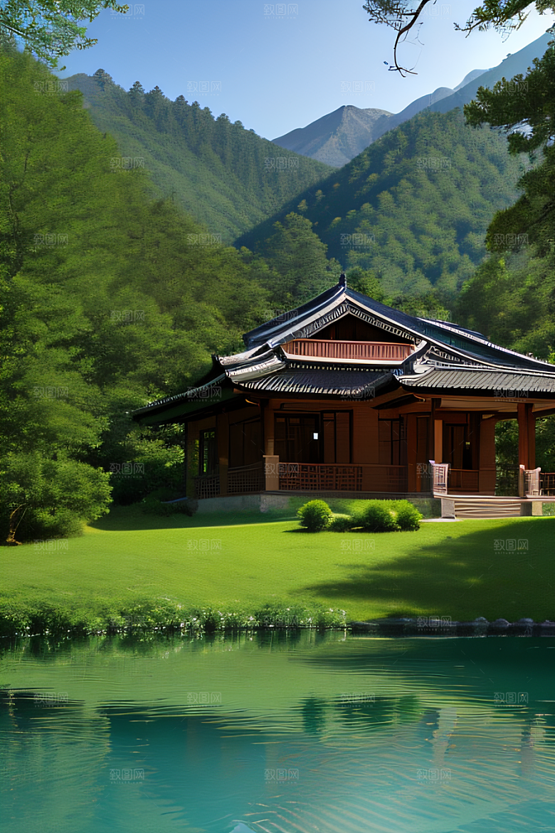 山峦倒映宛如画中的别墅与壮丽山脉