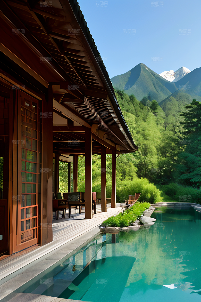 山峦倒映宛如画中的别墅与壮丽山脉