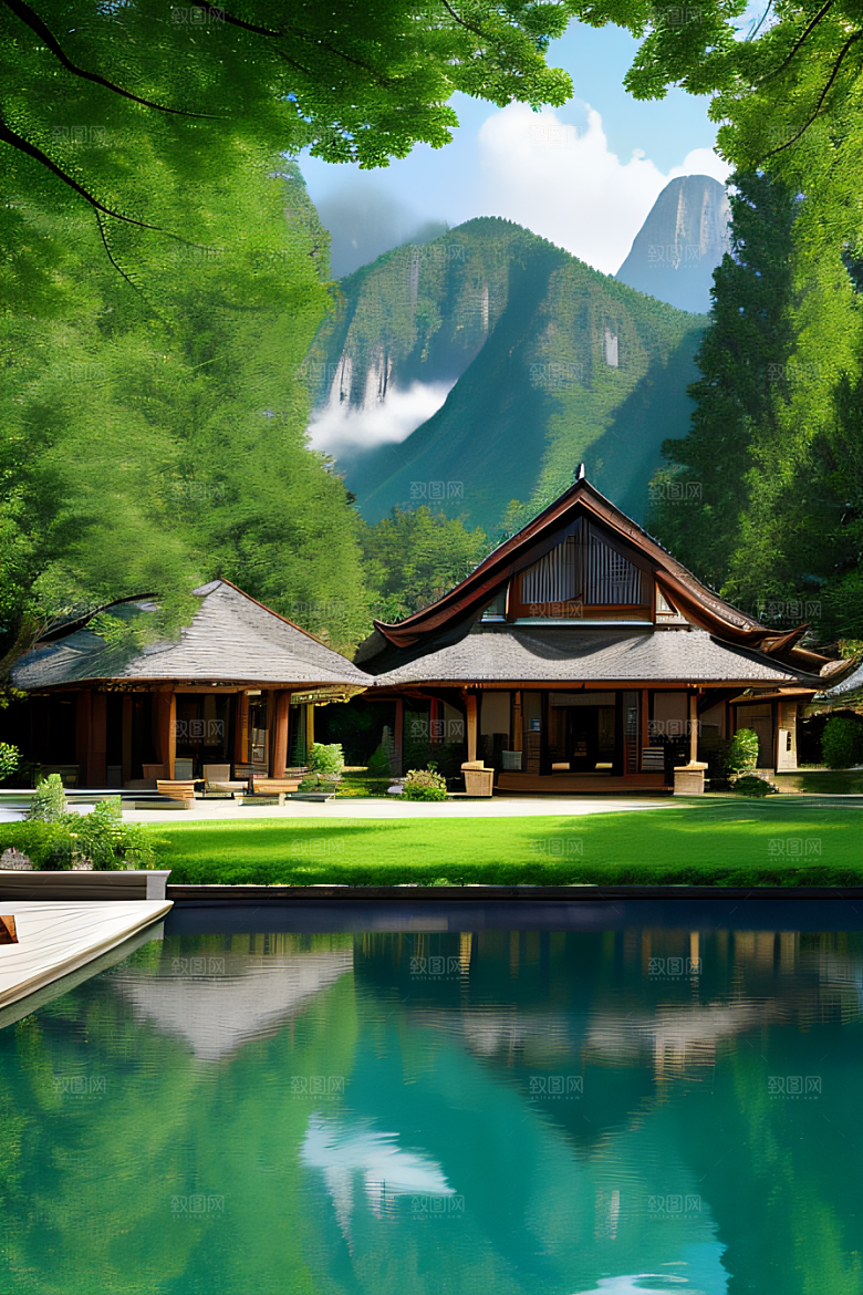 山峦倒映宛如画中的别墅与壮丽山脉