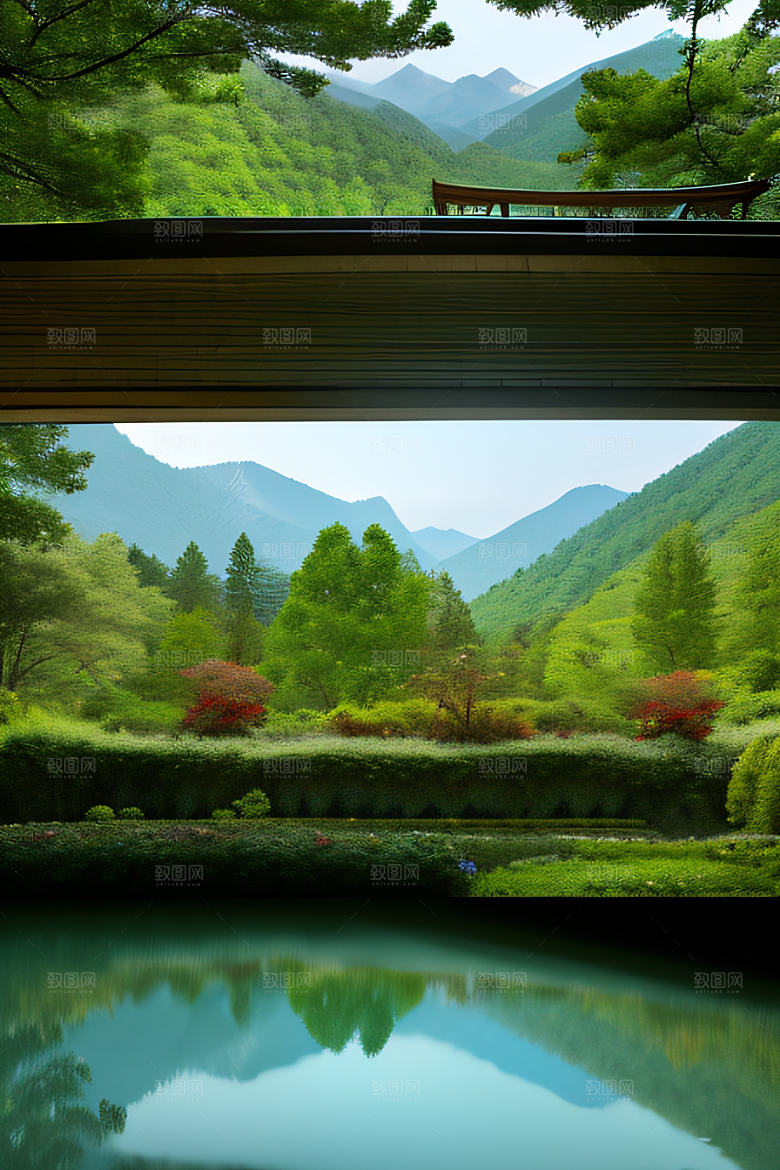 山峦倒映宛如画中的别墅与壮丽山脉