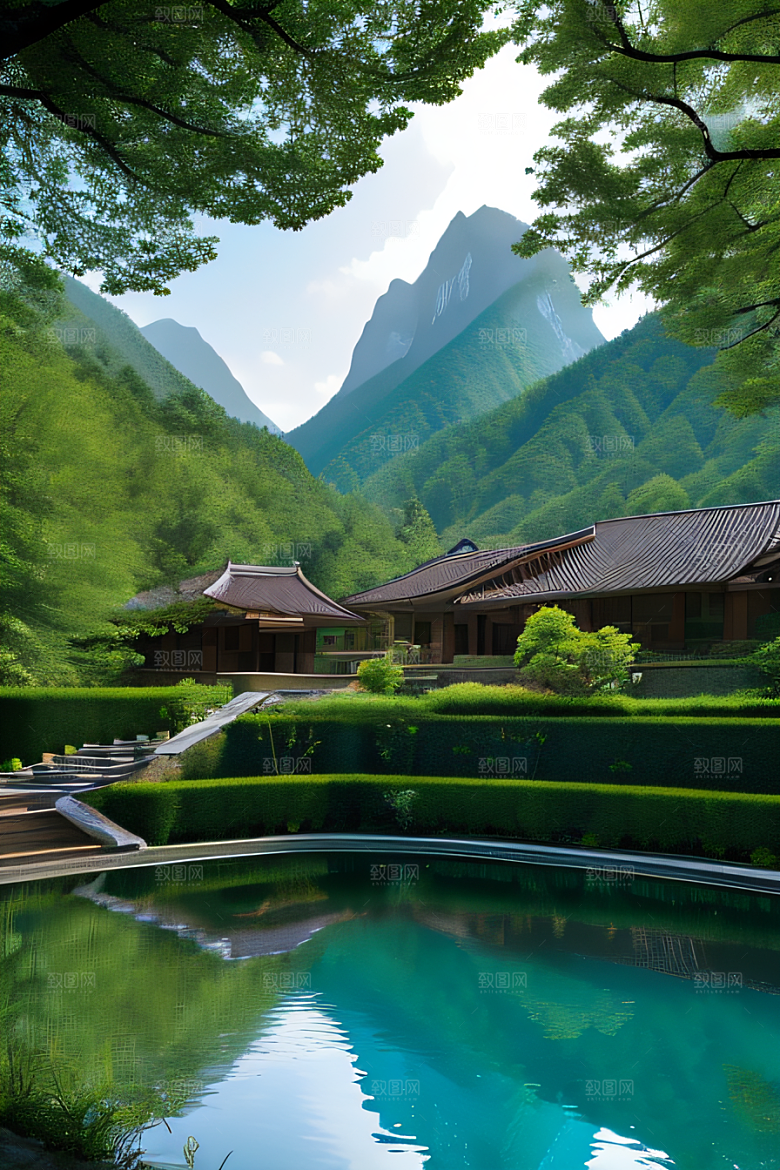 山峦倒映宛如画中的别墅与壮丽山脉
