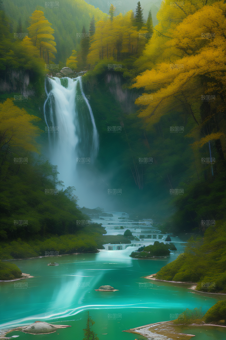 迷人的九寨沟蓝色与绿色的奇妙交织