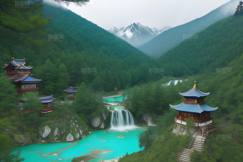 风景如画的山谷九寨沟的自然奇观