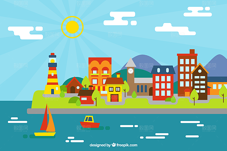 彩色海边城市风景矢量素材