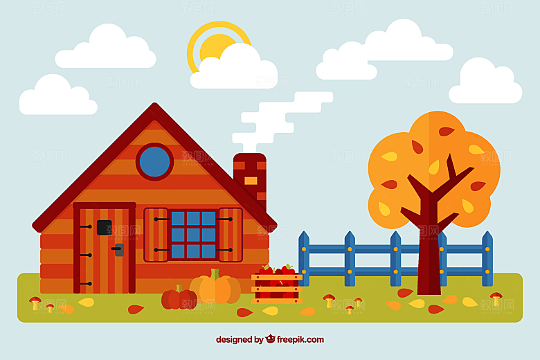 秋季小木屋和树木风景矢量图