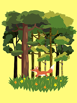 森林狐狸风景矢量素材