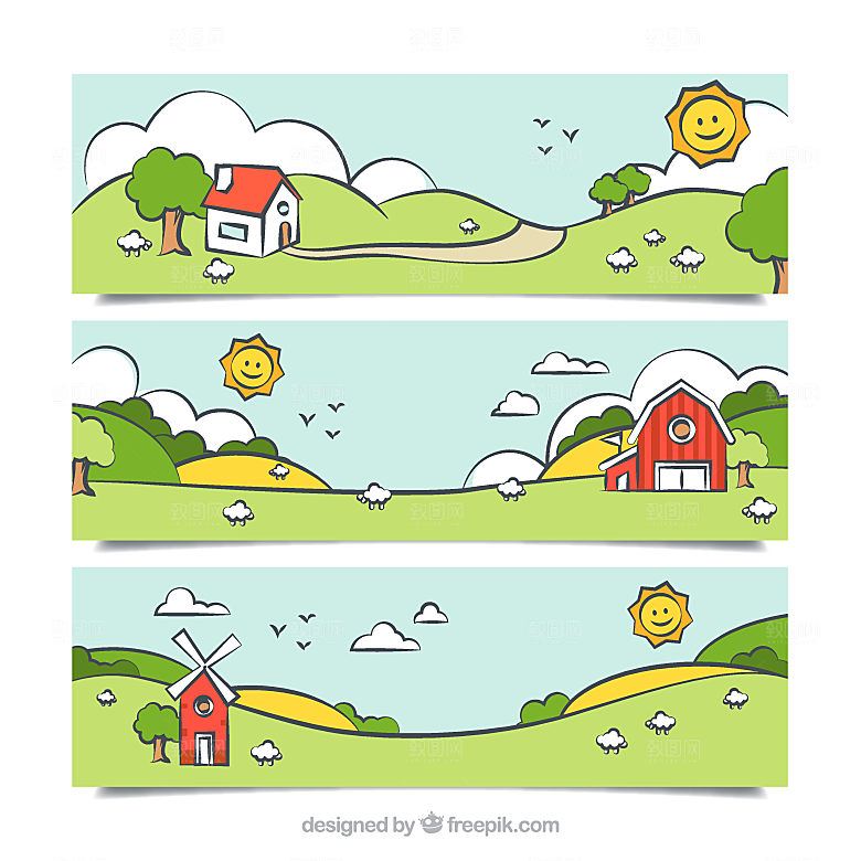 彩绘郊外风景banner矢量素材