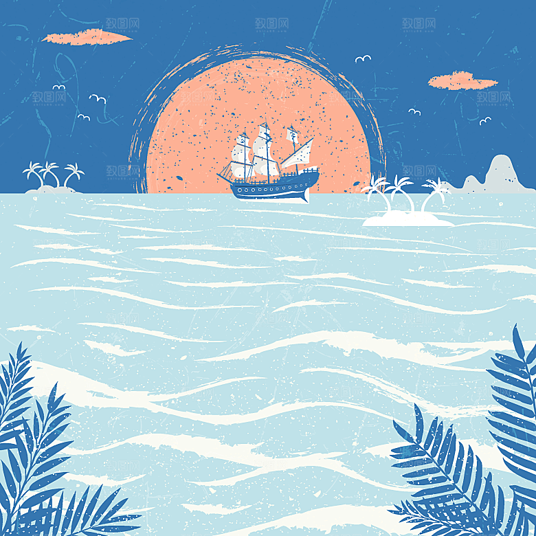 海上夕阳船舶风景矢量素材
