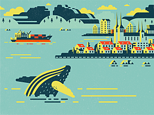 扁平化海豚和城镇矢量插画